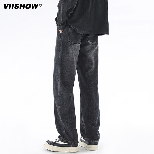 Viishow washed jeans men's simple retro casual loose versatile straight trend brand cleanfit wide leg work pants black L