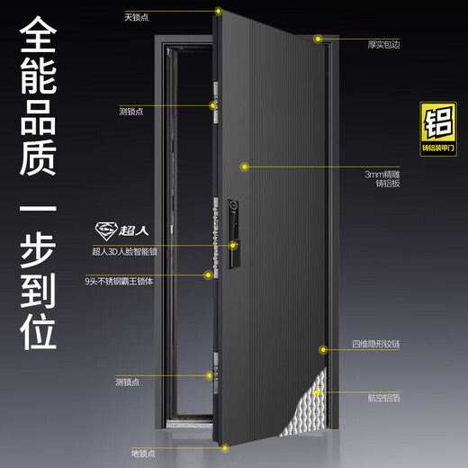 纵航者防盗门入户门铸铝门精雕进户门加厚安全门隔音子母门 2250*1050【精雕3mm铸铝】 【超人Q5】静脉掌纹智能锁