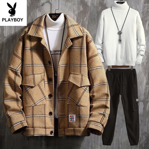 Playboy Jacket Men's Jacket Autumn and Winter Thickened Casual Suit Korean Style Men's Clothing Set with Handsome Cotton Clothes Trend Blue Jacket + Black Sweater + Pants Thickened L Recommended 100-115 Jin Jin equals 0.5 kg