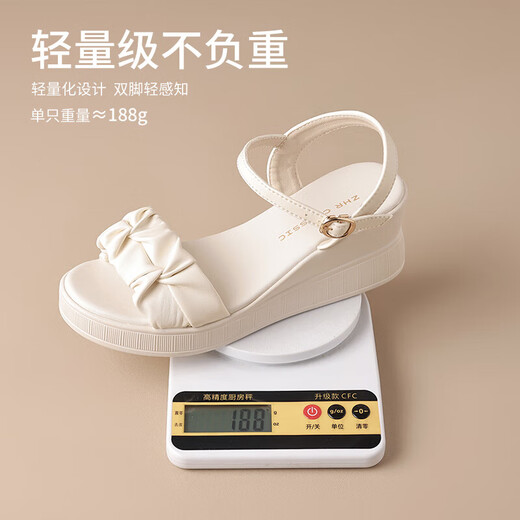 ZHR女鞋夏季凉鞋女外穿厚底坡跟女鞋简约一字带舒适凉鞋 ES29 米色35
