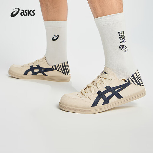 亚瑟士ASICS板鞋男女同款情侣一脚蹬帆布鞋休闲鞋运动鞋 AARON SLIP-ON 米色/藏青色 42.5