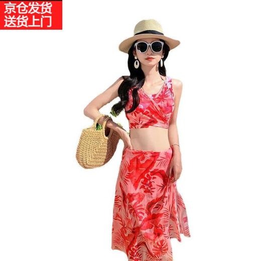 广月蓝2023泳衣女仙气比基尼bikini分体三件套保守显瘦遮肚性感温泉泳装 26001蓝色 XL （适合110-120斤）
