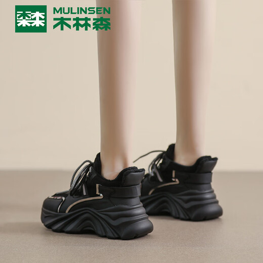 Mulinsen dad shoes for women in winter plus velvet thick sole height-enhancing women's fashionable and versatile casual shoes black 35