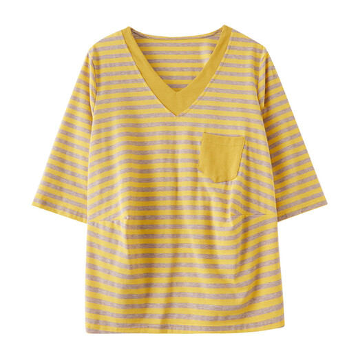 Jiandang Summer Clothing Fett MM Plus Größe Frauen literarische literarische V-Ausschnitt mit Single-Taschen-Mode-Streifen-T-Shirt 9735 Schwarz großer Größe XXL [160-180jin [Jin entspricht 0,5 kg]]