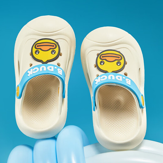 B.Duck小黄鸭童鞋儿童拖鞋2025夏季新款透气防滑洞洞鞋男女大童花园鞋 米白 20 内长约15cm
