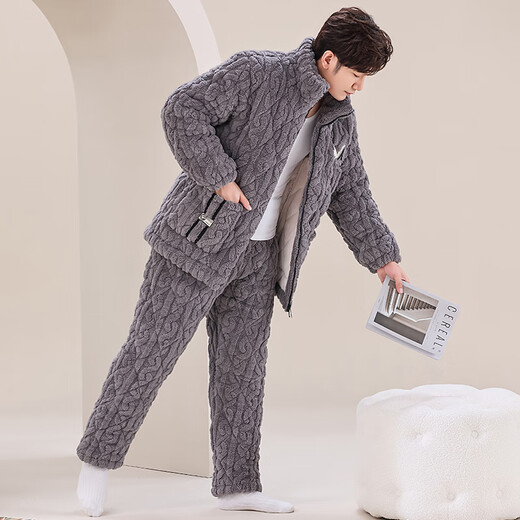 莫代尔新款男士秋冬季三层夹棉睡衣珊瑚绒加绒加厚法兰绒家居服冬天套装 咖啡色M6629 L 【95-120斤】三层加厚