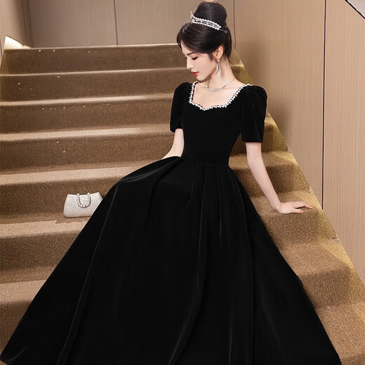 Li Baixin's new black large size evening dress annual meeting art exam velvet slimming high-end host vocal art exam dress winter black long sleeve 2XL