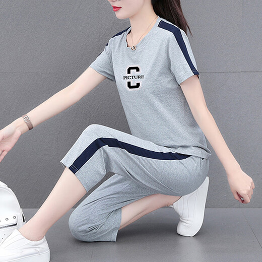 NY-EMMA-Sportanzug für Kurzärärmel-Sommer-Dünn-High-End-modische altersreduzierende Cotton-Freizeit- und modische Laufanzug zweiteiler Set 687 Royal Blue (Crop Hosen Set) M (Empfohlen 80-95 Jin [Jin gleich 0,5 kg]))