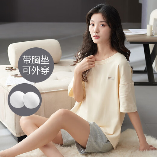 Jiaocai Meng mit Brustpads-Pyjamas für Frauen 100% reines Baumwoll Short Sleeve Shorts Dünne junge junge Mittelalter mit großer Größe von Home Clothing Set M1355 L (Empfohlen 95-115jin [Jin gleich 0,5 kg])