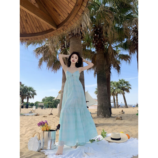 Yiou Purple Mint Green V-Neck Hanging Neck Sling Long Robe Summer Dopamine Seaside Vacation Fairy Jupe 9755 Picture Couleur L