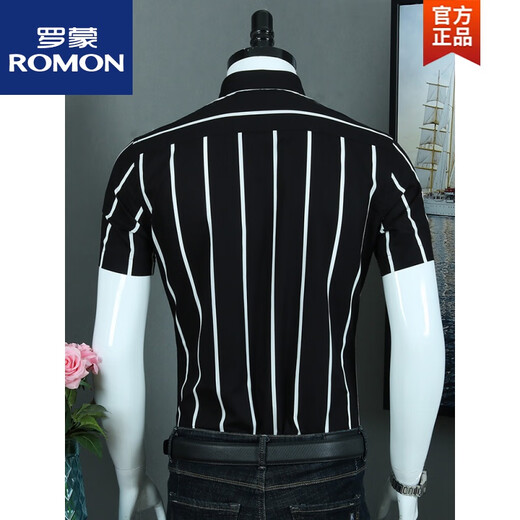 罗蒙（ROMON）棉黑白条纹衬衫男短袖夏薄粗条休闲衬衣竖条纹青年修身 CZLX5009D S 38