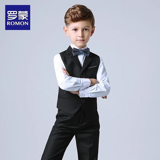 Romon children's suit boys dress flower girl vest suit host wedding piano graduation performance Navy 140