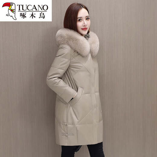 
Woodpecker 2024 new Haining leather down jacket Jurgent leather medium-length sheepskin fur jacket plus velvet thickened apricot color M [suggested Jin[Jin equals 0.5 kg]]