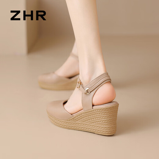 ZHR sandals for women, lightweight cowhide shoes for women, round toe heightening, heeling, women's series S223 nude color 37