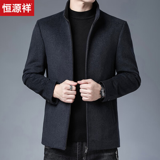 Hengyuanxiang Men's Business Woolen Coat Men's Short Windbreaker Men's Middle-aged Woolen Coat Jacket Dad Winter Wool Jacket 1 Black 175/92A