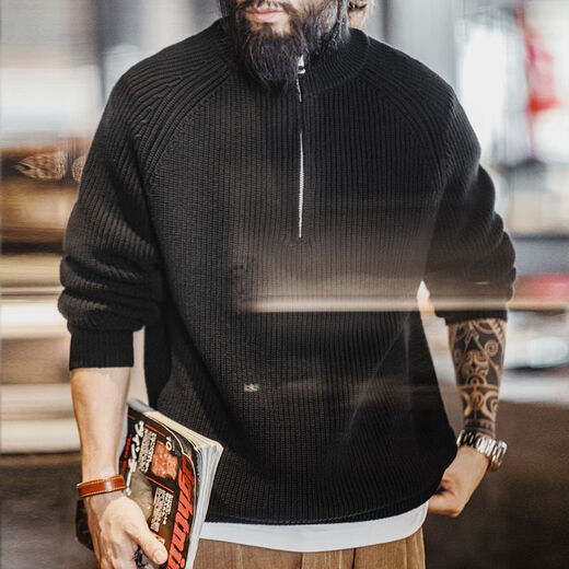 Madden workwear American half-zip stand-up collar sweater for men in autumn half-turtle collar vertical line texture versatile stretch men's sweater smoke gray (loose and oversized) L (175)