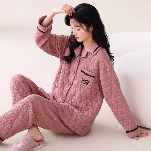 芊之雅（QIANZHIYA）冬天空气棉纯棉睡衣女生薄夹棉套装家居服加棉加层保暖中年居家服 YUT-YH683# 女L