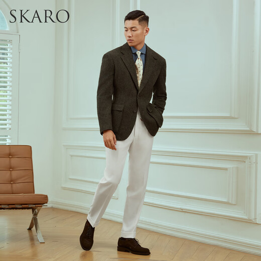 Skaro [épaissis 100% laine] veste de costume de laine rétro automne et hiver affaires de costume décontracté pour hommes mixtes vert skv681-1 46