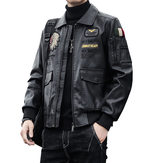 Xia Bingni jacket men's leather jacket men's slim and handsome embroidered autumn and winter new lapel plus velvet pilot motorcycle suit black (plus velvet winter style) L