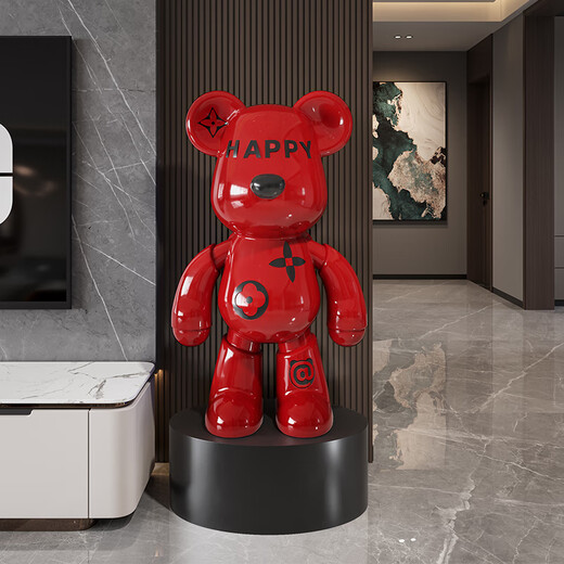 Jizhao light luxury violent bear piggy bank large floor-standing ornaments living room decorations home TV cabinet housewarming gift red happy bear + round black base 98cm