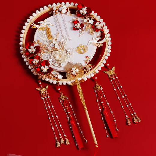 Qiyu Braut Mitgift Runde Fan Hochzeit Fan xi Hochzeit Neues chinesisches Stil Hochzeit Hand Haltet XiUhe Fan zu Bestie Hochzeitsvorräte rotes Fertigprodukt + Geschenkbox + Drachen-Form-Lüfterregal