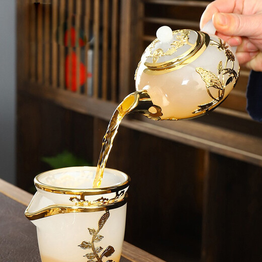 Langting Yafang high-end tea set set, glass pure handmade kung fu tea cup set, home office gift teapot cover bowl, glass set (large set) 14 pieces