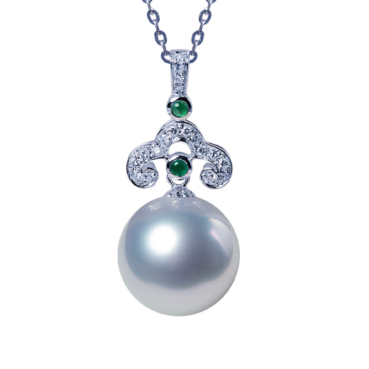 Mohs South Sea white bead pendant, seawater pearl, perfect round, flawless, extremely bright quality, 18K gold set with diamond, emerald, lucky emerald, Australian white pendant, customized white bead pendant 15-16mm