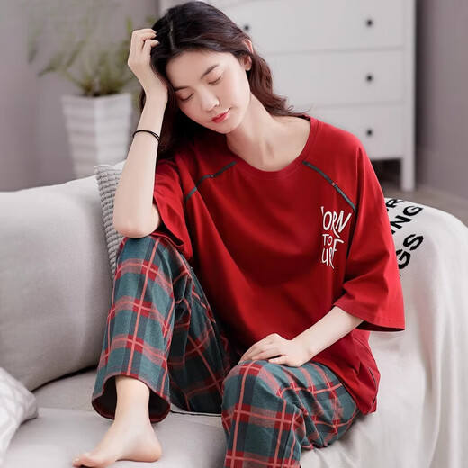 
Modal pajamas for women in 2025 new summer cotton short-sleeved trousers home clothes thin large size women's home clothes set 7371 L [Suggested 100-125 Jin [Jin equals 0.5 kg]]