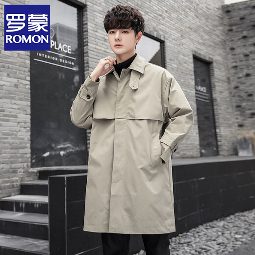 ROMON mid-length windbreaker men's autumn and winter new lapel loose coat men's light and mature British style youth coat men's coat khaki XL