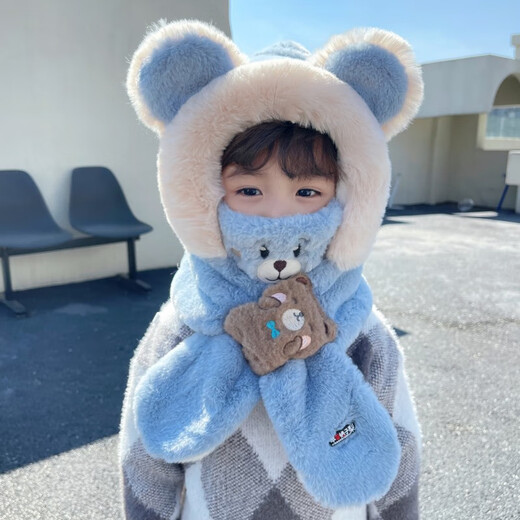 Chajin children's hat and scarf integrated windproof ear protection baby plush hat with mask winter for boys plus velvet to keep girls warm khaki bear three-piece set cute and comfortable