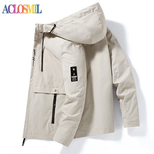 ACLOSMIL2023 New Men's Jacket Youth Korean Style Trendy Spring and Autumn Jacket Men's Autumn Casual Hooded Autumn Top Khaki XL