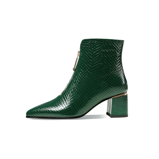 Foot-face pointed-toe women's short boots new European and American patent leather fashionable women's boots autumn and winter thick heel single boots high heel boots Martin boots green front zipper ankle boots and nude boots green single 37