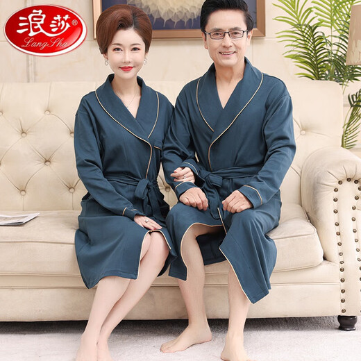 浪莎（LangSha）中年男女长袖纯棉浴袍睡袍中长款大码睡衣家居服大红本命年 深蓝色1 LSY16823 M