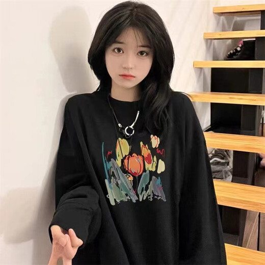 Nohara American Retro Herbst Schulter -Sweatshirt für Frauen im Herbst und Winter 2023 Neues Ins Rund Hals Lose Studenten Top -Coat -Trend 677 Schwarzes dünn (hochwertiges reines Baumwoll) m