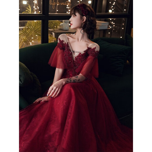 Aurodia toasting suit plus size fat mm slimming 200Jin Jin is equal to 0.5kg belly-covering new fattening banquet temperament evening dress burgundy 3XL 150Jin Jin is equal to 0.5kg -160Jin Jin is equal to 0.5kg