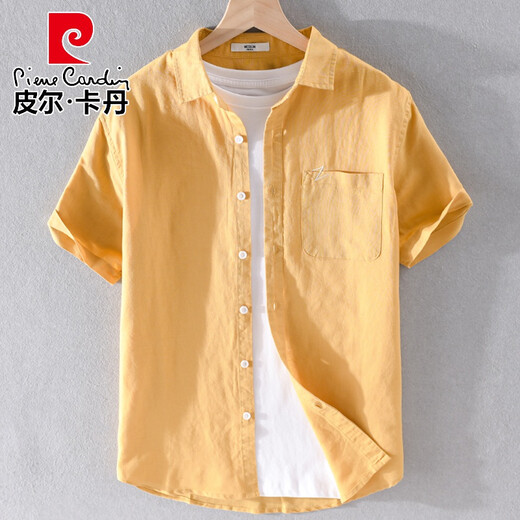 Pier Cardin brand high-end men's linen lapel short-sleeved T-shirt loose shirt collar top with tie T cotton linen 9711 blue M