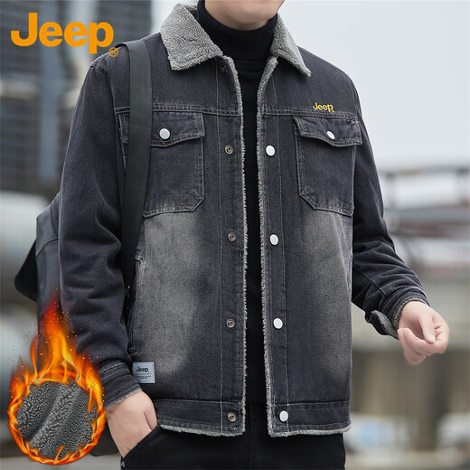 Jeep (JEEP) coat men's autumn and winter loose velvet warm denim jacket men's casual clothes men's black XL