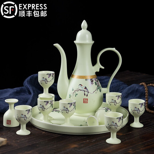 Hongying Ceramics Jingdezhen Chinese Antique Ancient Liquor Set Ceramic Small Wine Glass Goblet One-cup Wine Pitcher Wine Cup Yellow Wine Cup with Tray Gift Box Lilac Wine Set 10 Cups 1 Pot 1 Tray
