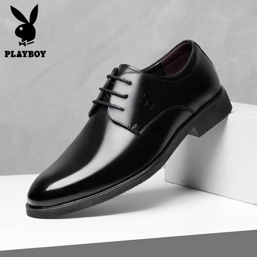 Playboy leather shoes for men business casual top layer cowhide and perforated formal wear soft leather one foot step men's shoes large size new groomsman 1591 black 42