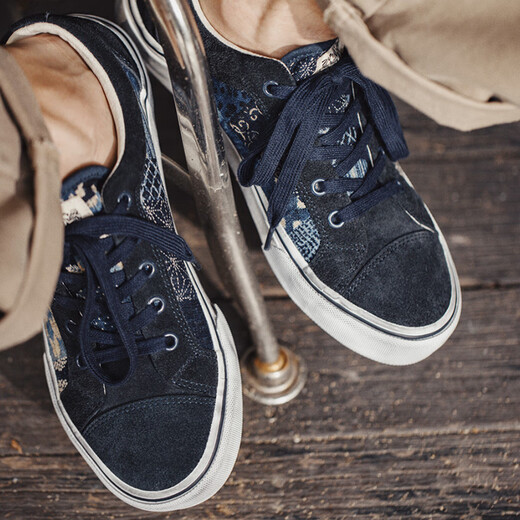 Maden workwear Boro style ancient cloth canvas shoes summer breathable men's shoes old low top skateboard shoes cashew flower flat shoes blue 41 (255mm) men's size