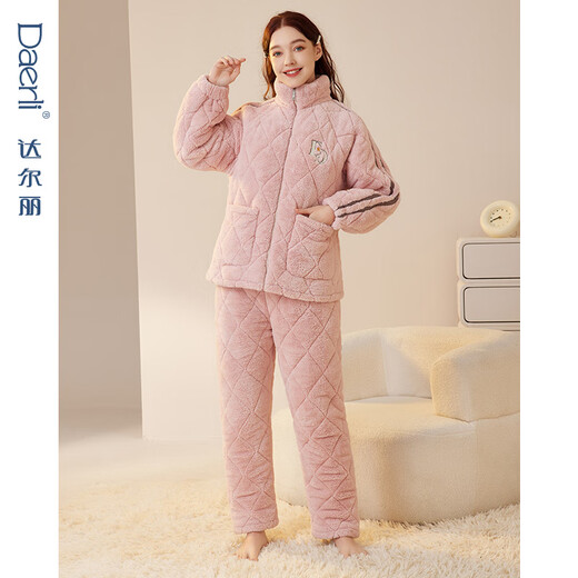 Dalli couple pajamas winter coral velvet three-layer quilted thickened warm flannel sandwich casual home wear set for women T8237113-011-pink women L