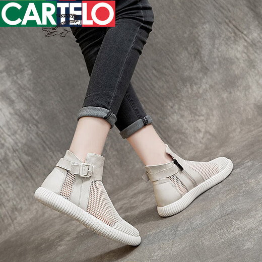 CARTELO 2025 new summer shoes for women's breathable sandals Martin boots thin mesh round toe hollow boots soft sole high top white 38