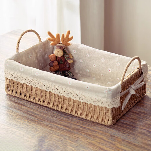 Jin Riman desktop storage basket living room entrance key miscellaneous box coffee table snack storage imitation rattan woven skin care cosmetics basket large rectangular basket 31*21*10.5cm