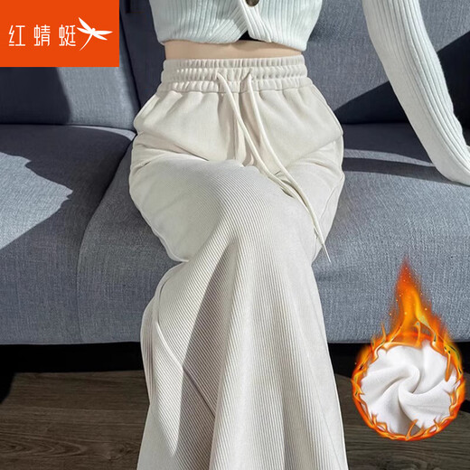 红蜻蜓窄版阔腿裤女2025春秋新款休闲长裤女加绒春季运动直筒裤子 689#米白色长裤- 加绒 超柔绒 XL