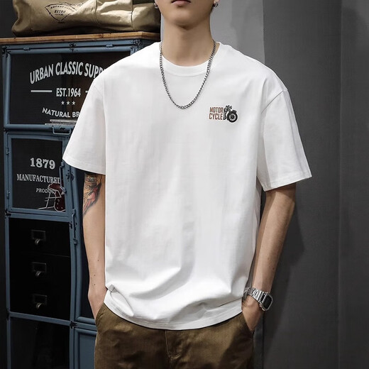 Catman (MiiOW) high street trend new short-sleeved T-shirt for men loose large-size summer pure cotton half-sleeved American ins heavy round neck T-shirt HST1518 white 2XL