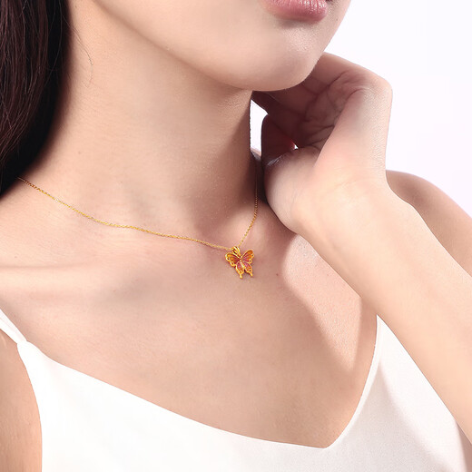Saphire 18K gold pendant for women, honey sparkle enamel butterfly pendant, colored gold pendant for birthday gift, golden orchid butterfly pendant - free gold-plated silver chain
