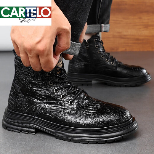 
Katile crocodile pattern leather boots new autumn lace-up soft men's shoes casual print mid-top comfortable young motorcycle leather shoes 9900 single shoes black 38