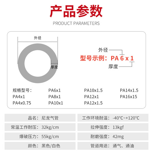 XMSJ尼龙气管pa11高压管8mm油管10mm16公斤防冻气管溶剂管耐高温硬管 PA12101=100米