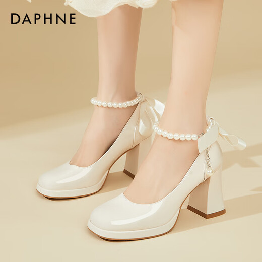 Daphne French thick heel single shoes women's bridesmaid Mary Jane shoes temperament high heels evening shoes 4623404078 beige 37