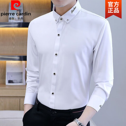 Pierre cardin spring and autumn new long-sleeved shirt men's embroidered professional shirt business casual non-scalding anti-wrinkle trendy men's top knitted 828 white 3XL (180)